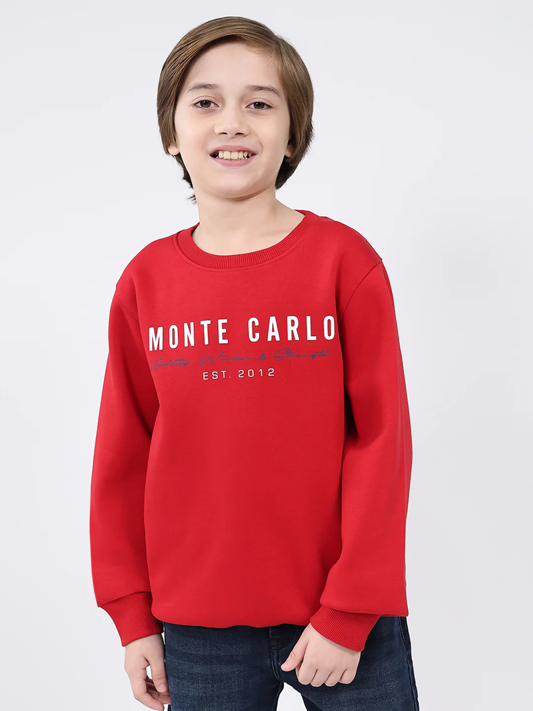 Boys Red Printed Round Neck Full Sleeve Sweatshirt