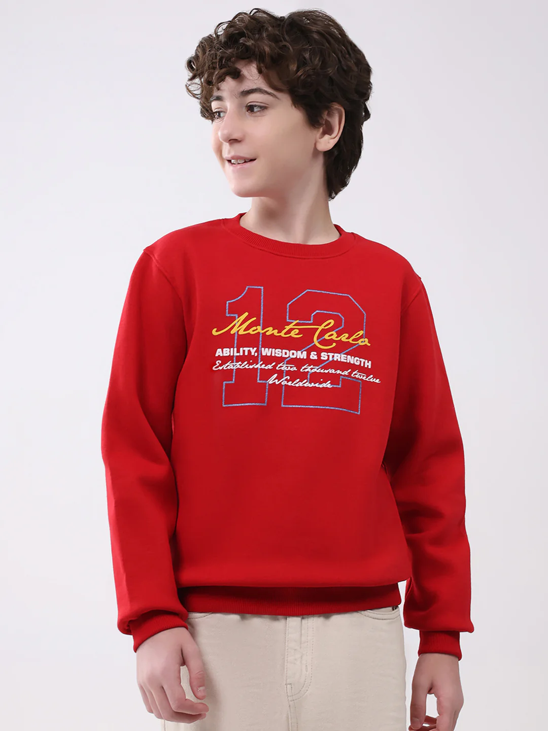 Boys Red Printed Round Neck Full Sleeve Sweatshirt