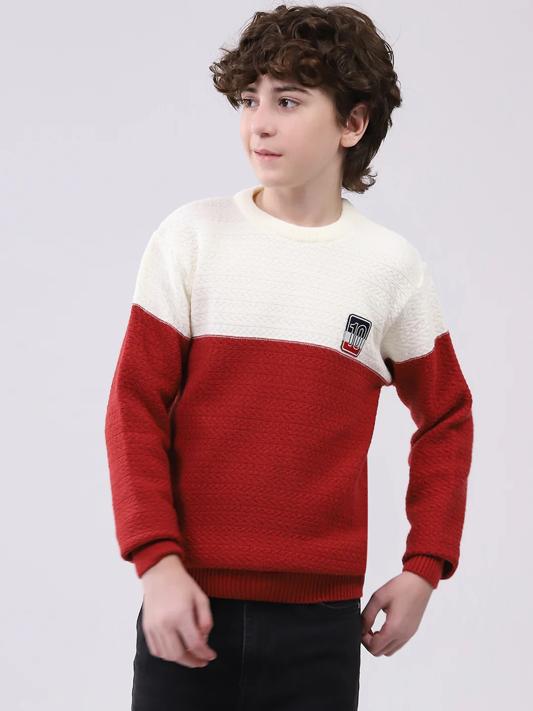 Boys Red Self Design Round Neck Full Sleeve Pullover