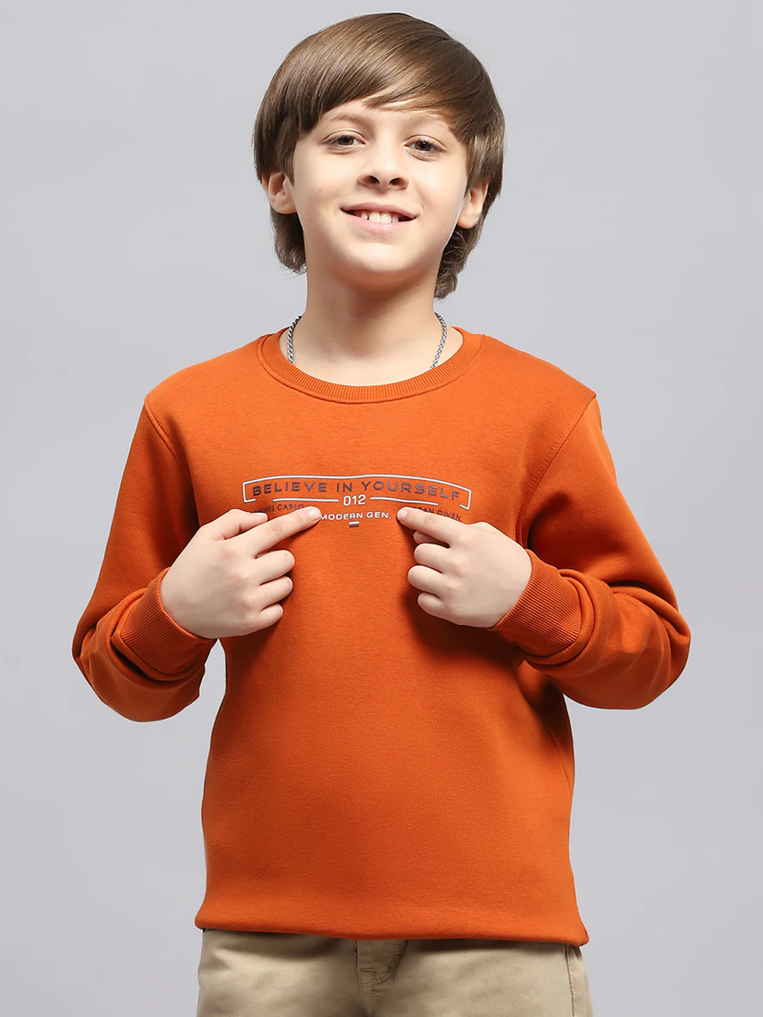 Boys Rust Printed Round Neck Full Sleeve Sweatshirt