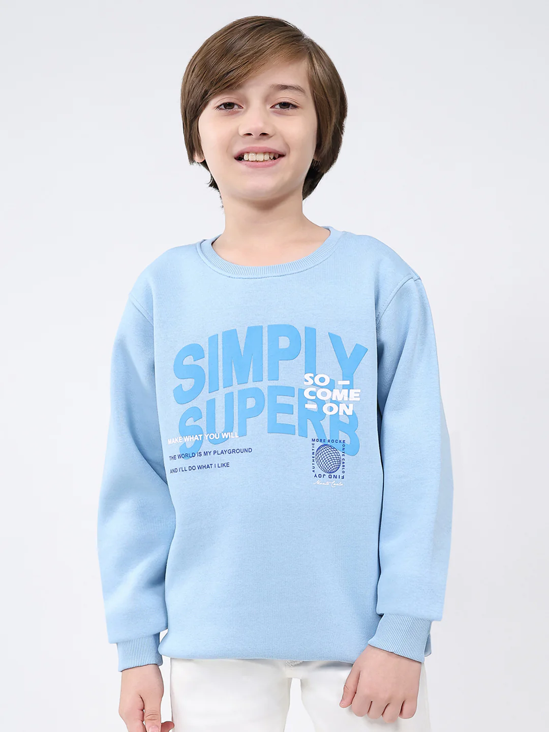 Boys Sky Blue Printed Round Neck Full Sleeve Sweatshirt