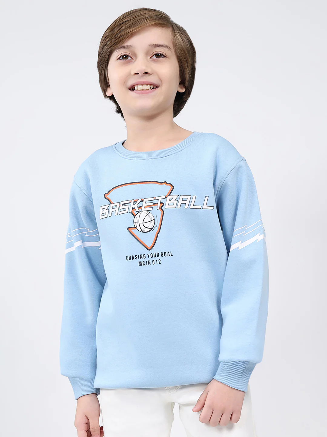 Boys Sky Blue Printed Round Neck Full Sleeve Sweatshirt