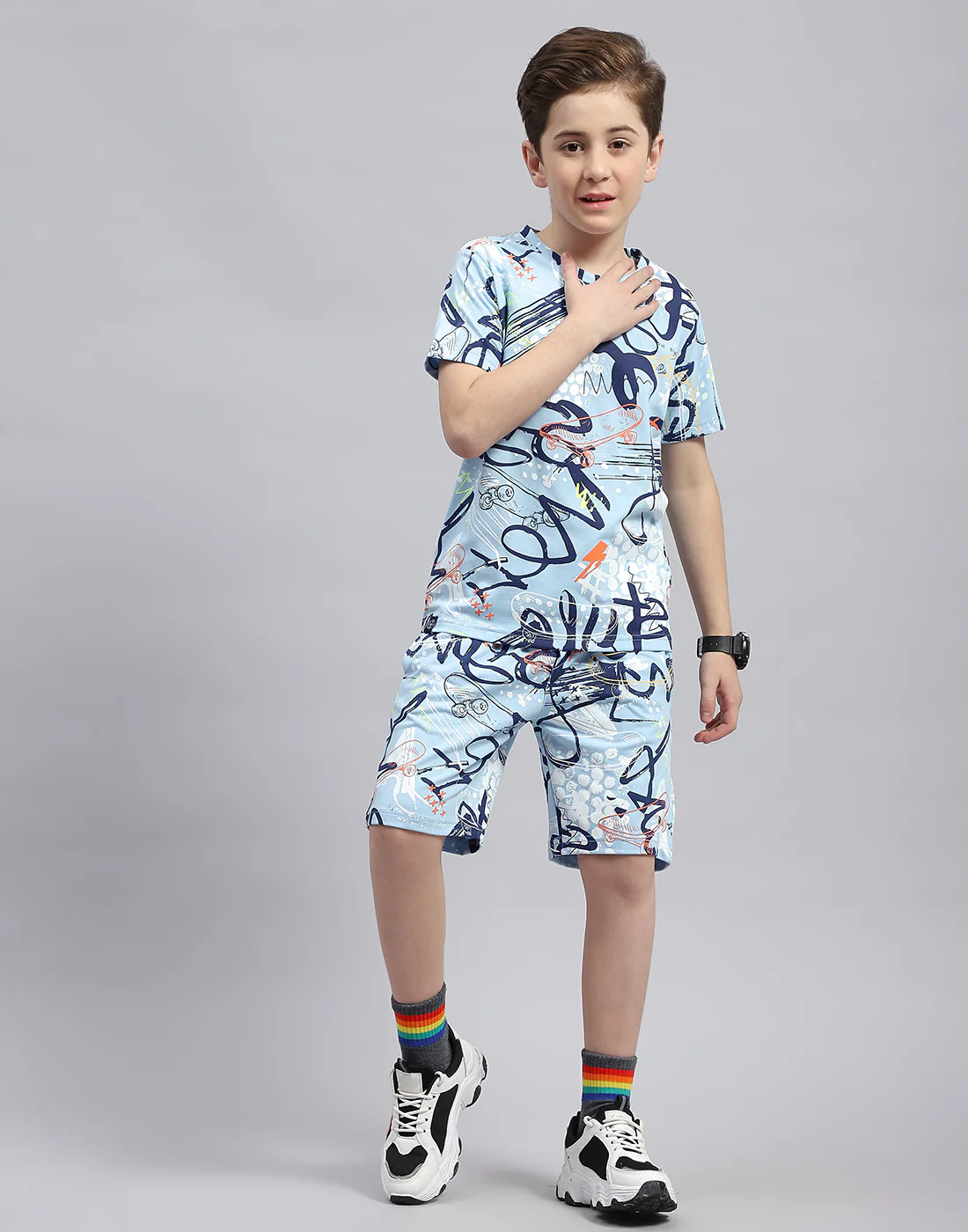 Boys Sky Blue Printed Round Neck Half Sleeve Bermuda Set