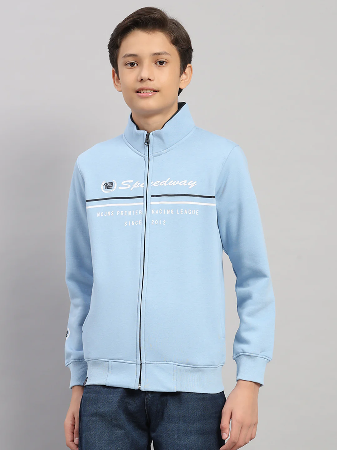 Boys Sky Blue Printed Turtle Neck Full Sleeve Sweatshirt