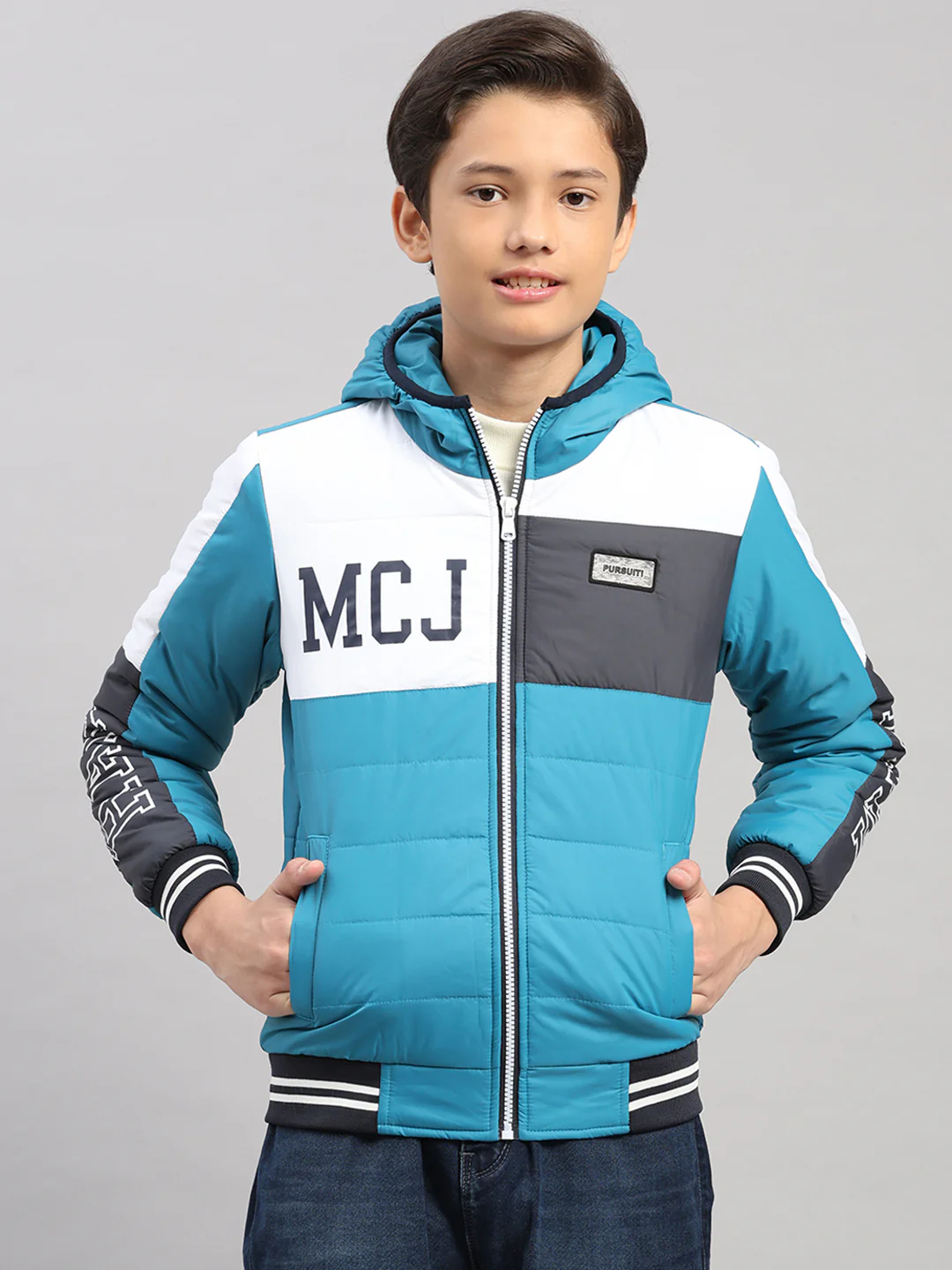Boys Teal Blue Printed Hooded Full Sleeve Jacket