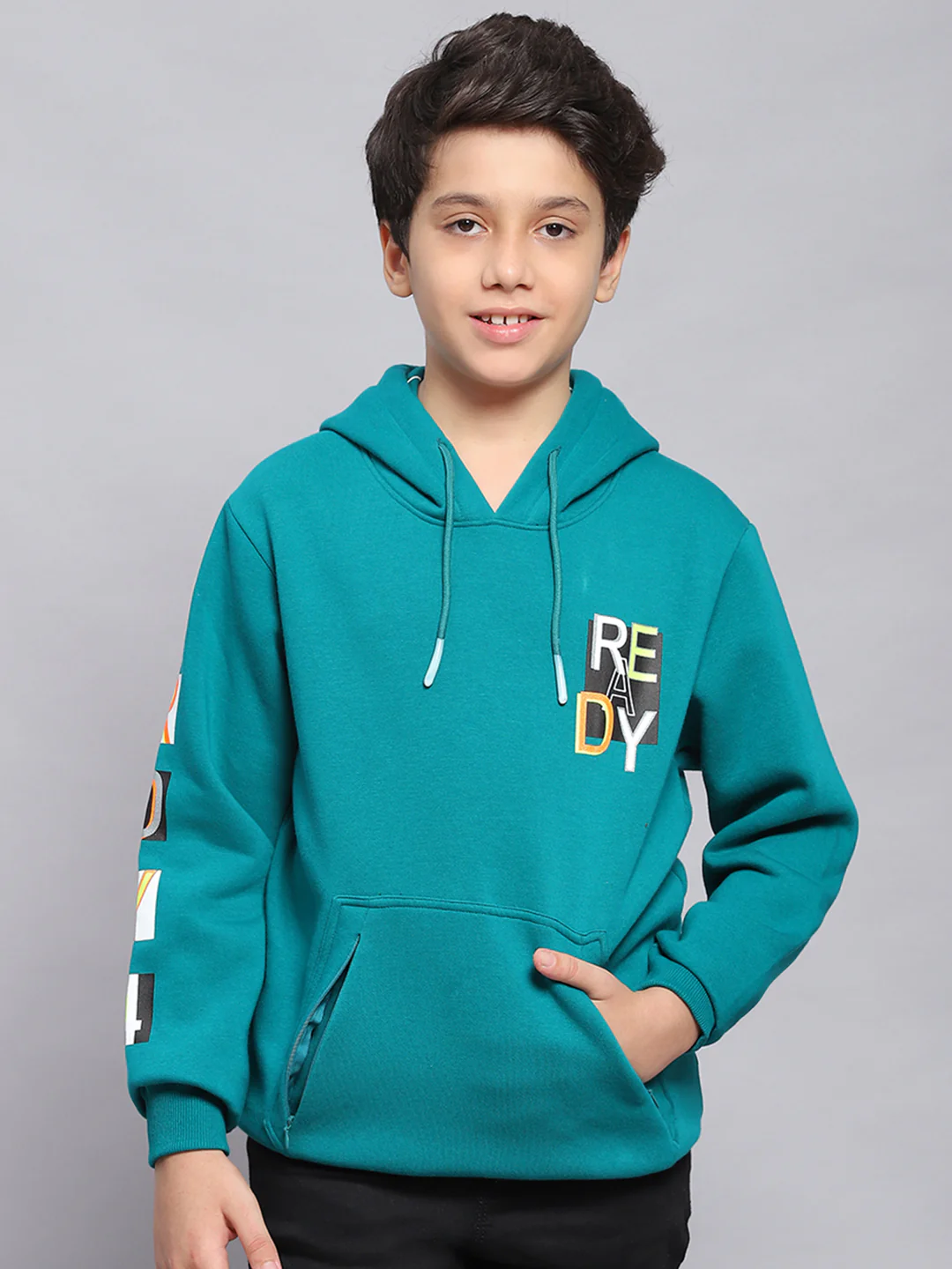 Boys Teal Blue Printed Hooded Full Sleeve Sweatshirt