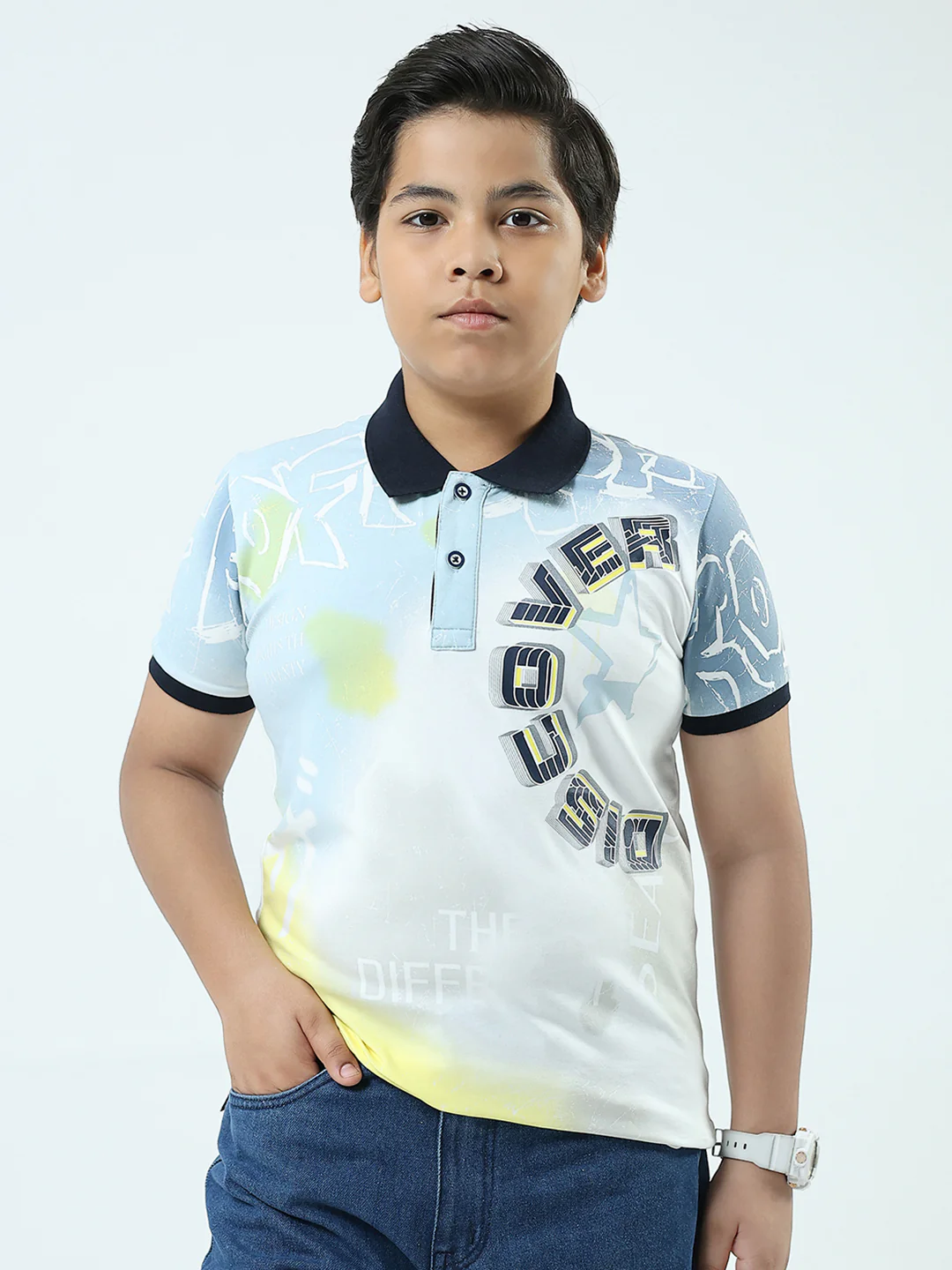 Boys White Printed Collar Half Sleeve T-Shirt