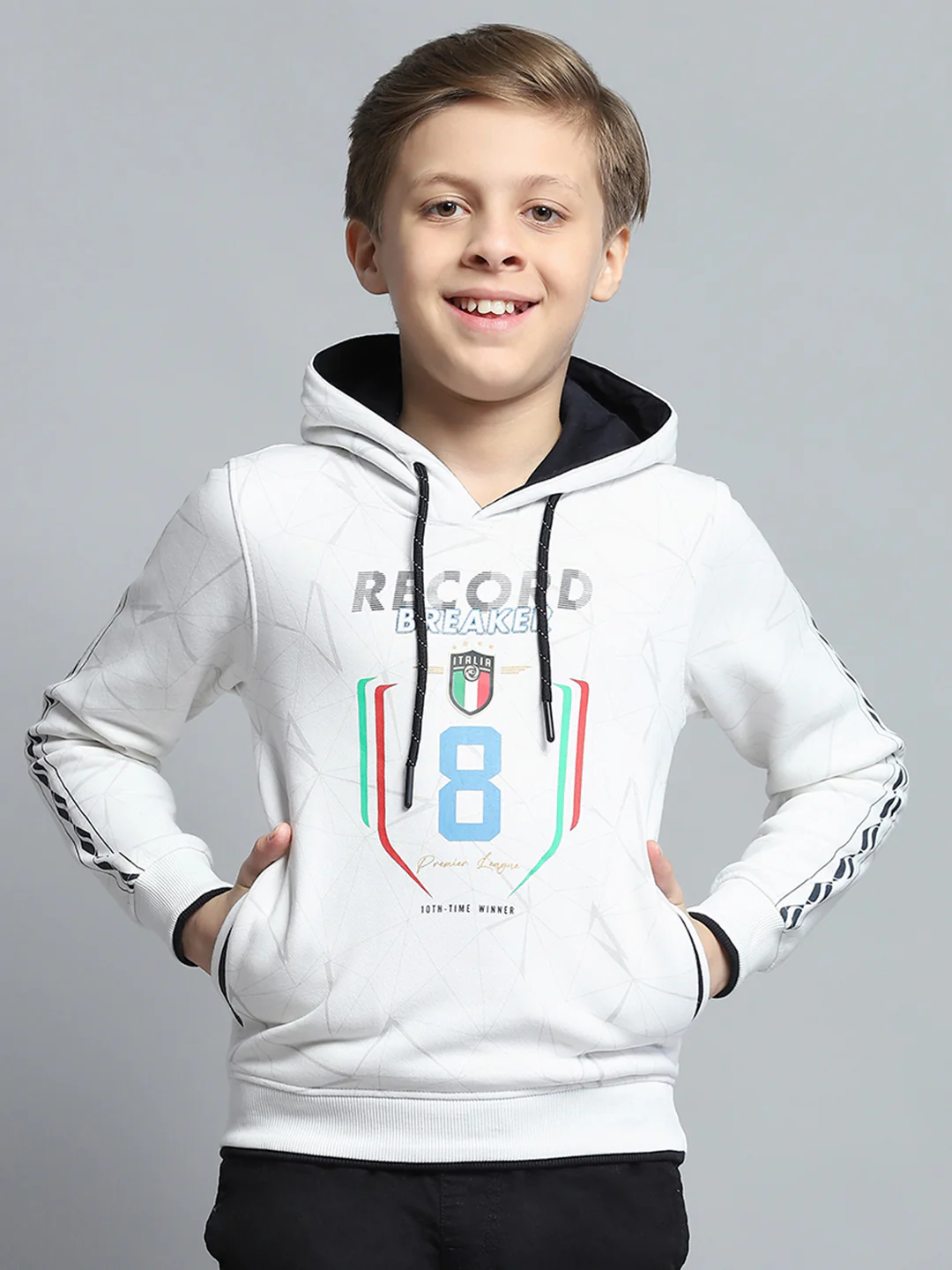 Boys White Printed Hooded Full Sleeve Sweatshirt