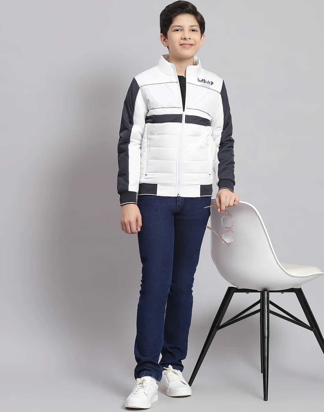 Boys White Printed Stand Collar Full Sleeve Boys Jacket