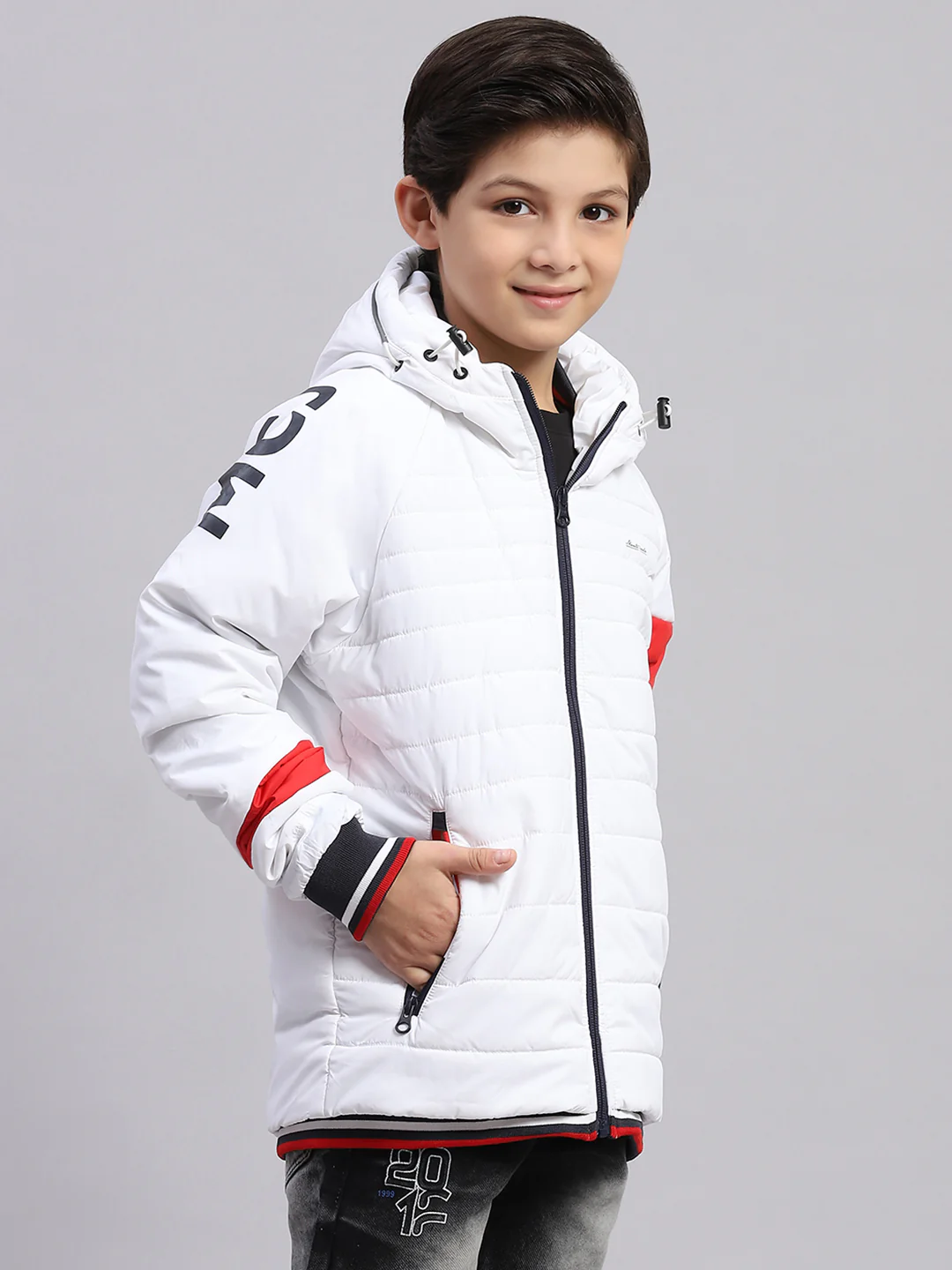 Boys White Solid Hooded Full Sleeve Boys Jacket - Image 2