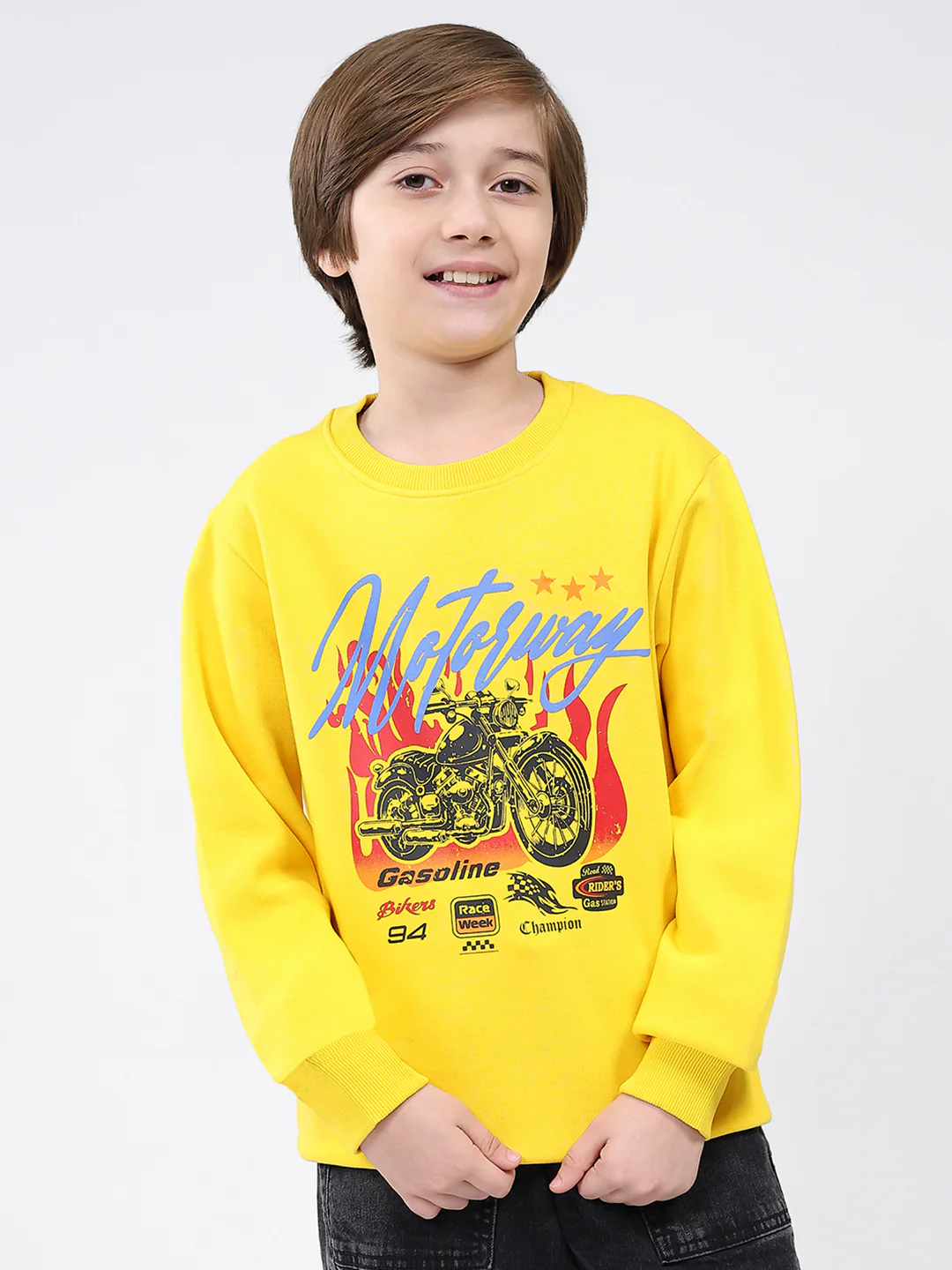 Boys Yellow Printed Round Neck Full Sleeve Sweatshirt