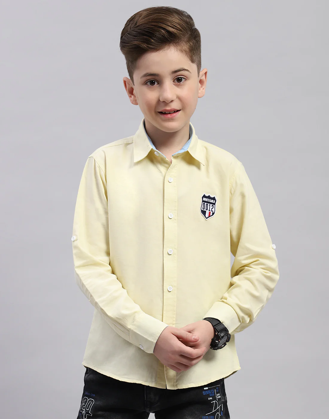 Boys Yellow Solid Collar Full Sleeve Shirt