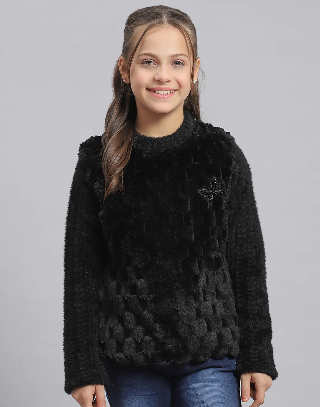 Girls Black Self Design Round Neck Full Sleeve Sweatshirt