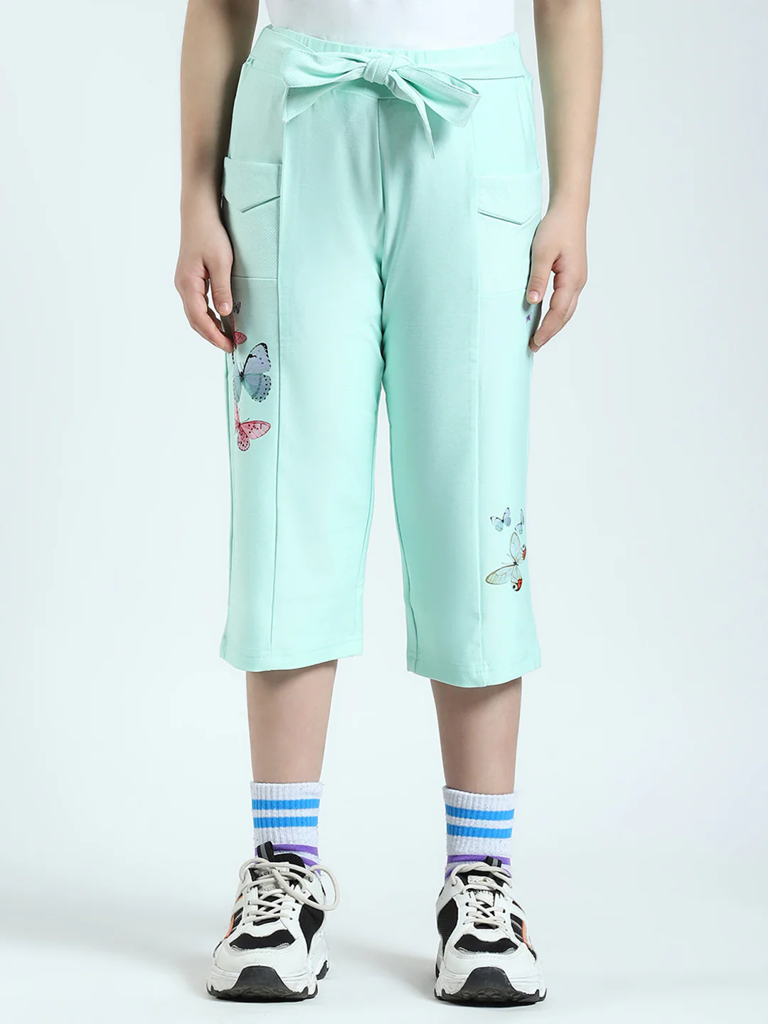 Girls Green Printed Regular Fit Capri