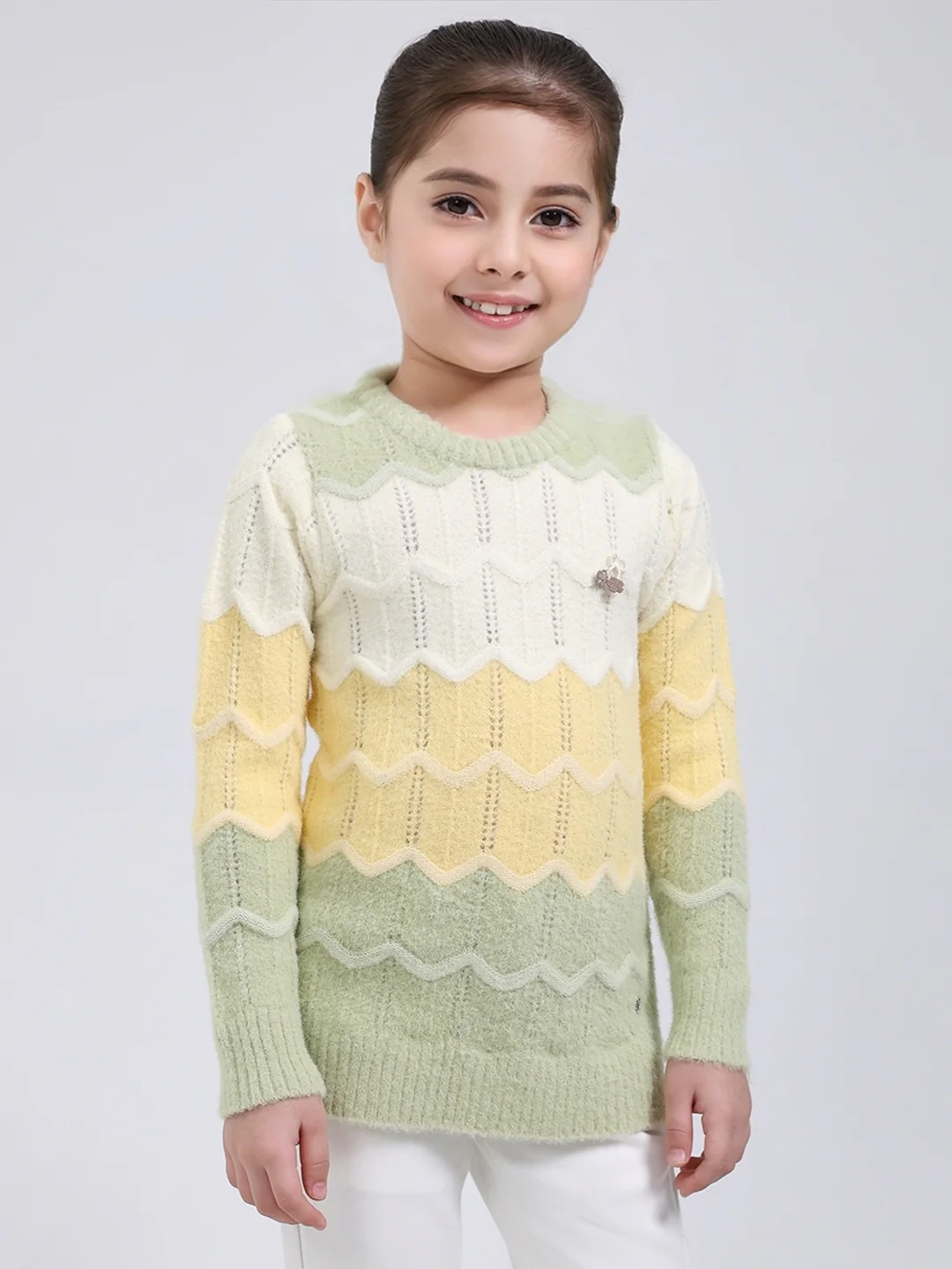 Girls Green Stripe Round Neck Full Sleeve Pullover