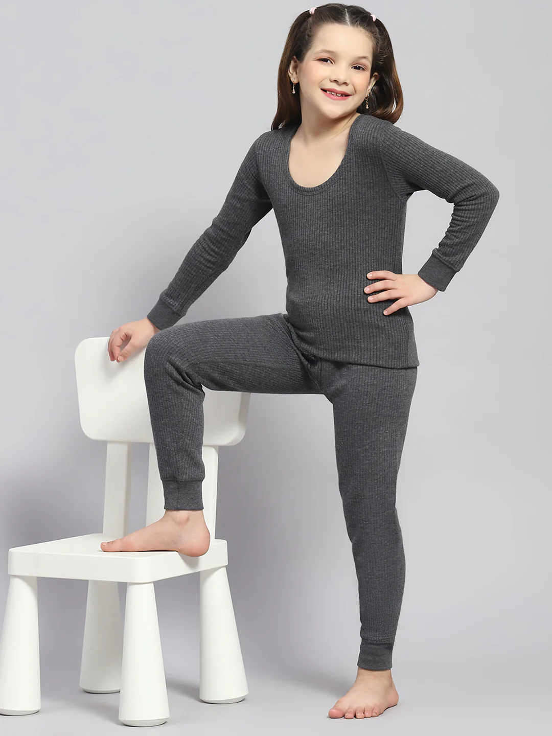 Girls Grey Solid Thermal Lower - Image 2