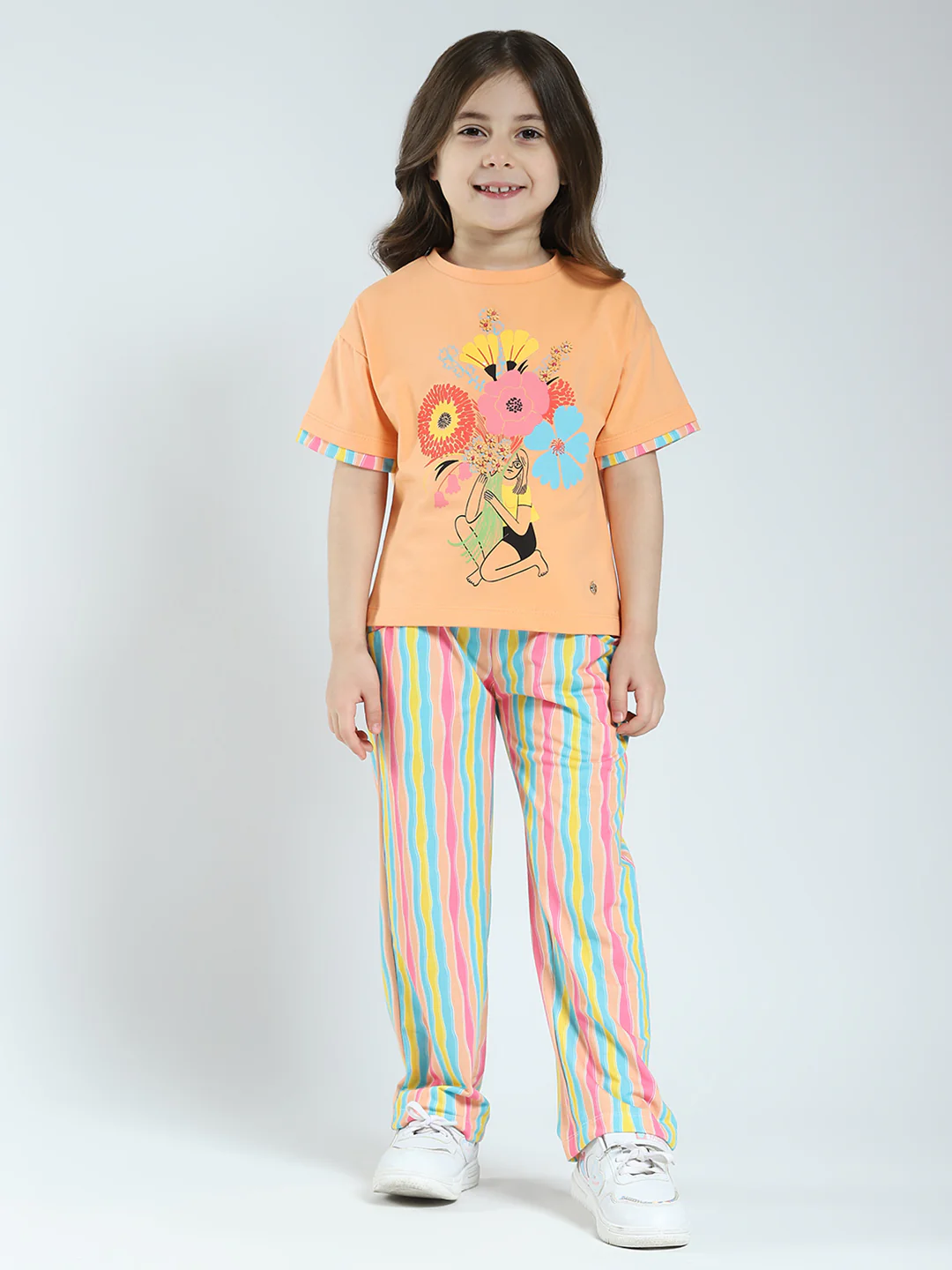 Girls Orange Printed Round Neck Half Sleeve Lower Set