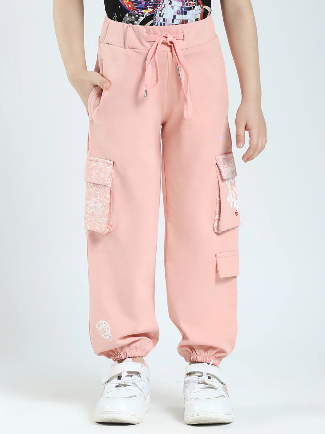 Girls Peach Printed Regular Fit Lower