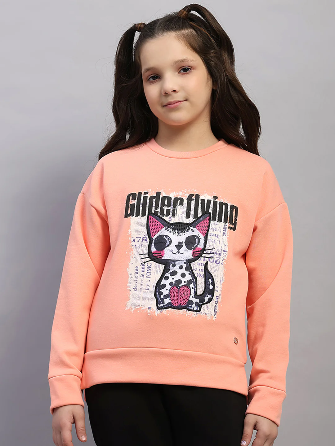 Girls Peach Printed Round Neck Full Sleeve Sweatshirt