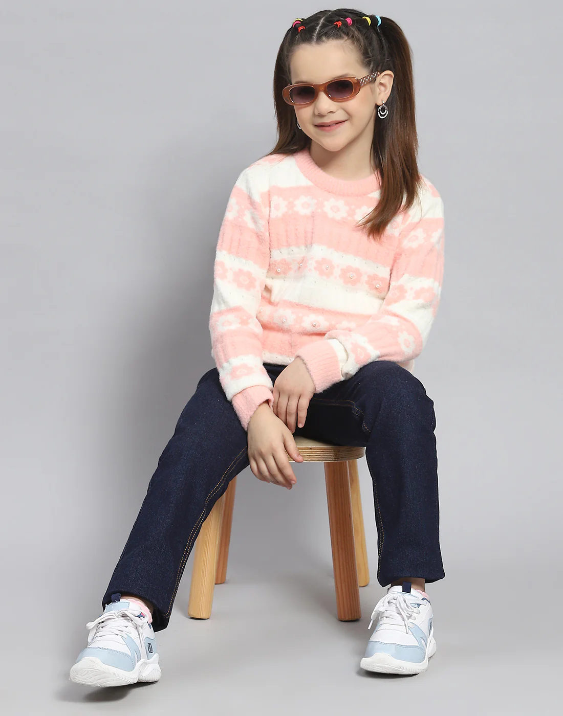 Girls Peach Self Design Round Neck Full Sleeve Sweater