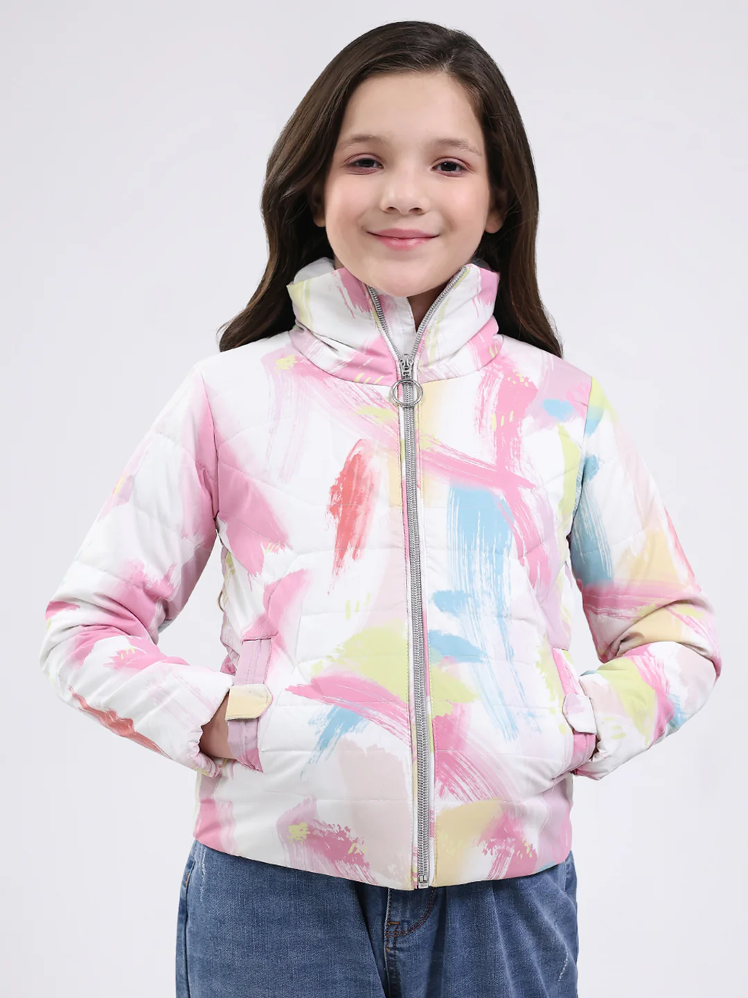 Girls Pink Printed Mock Neck Full Sleeve Jacket