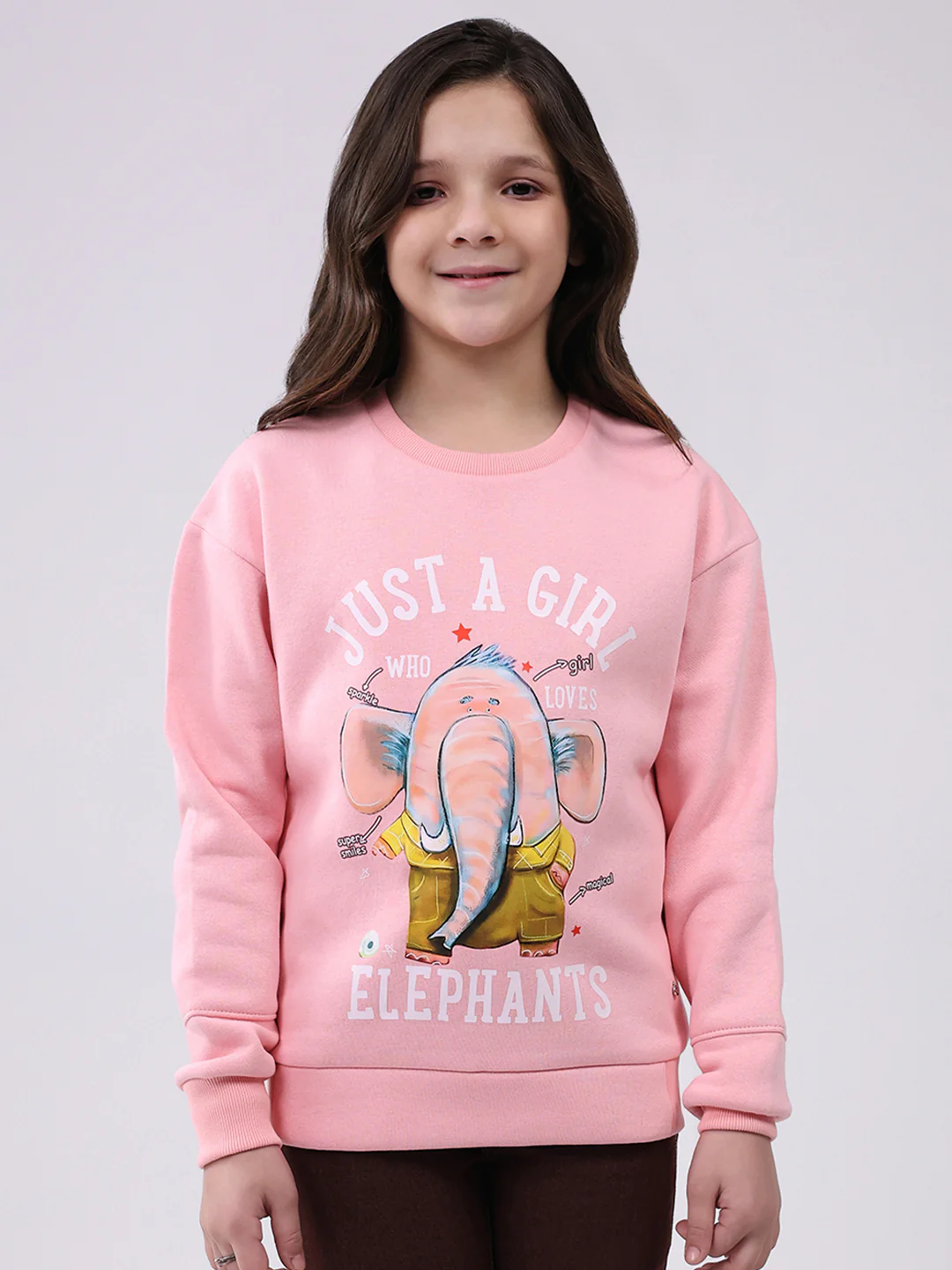 Girls Pink Printed Round Neck Full Sleeve Sweatshirt
