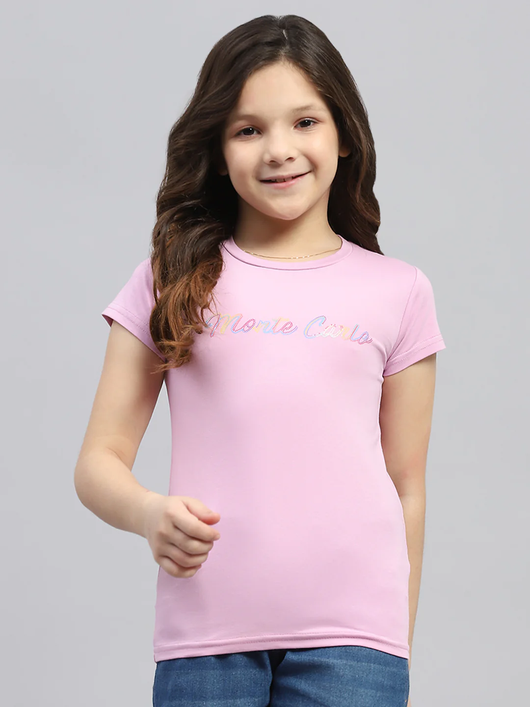 Girls Pink Printed Round Neck Half Sleeve Top