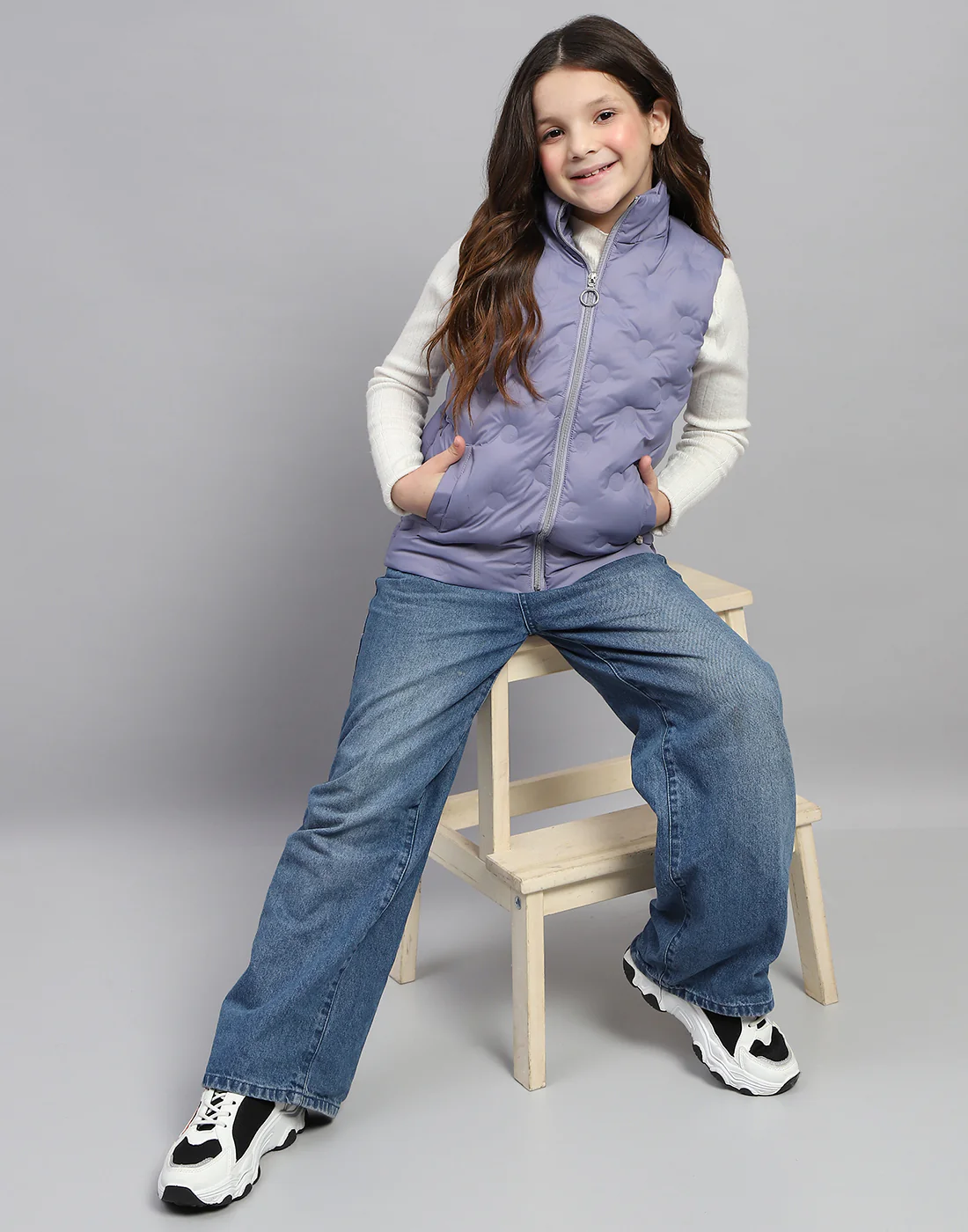Girls Purple Polka Dots High Neck Sleeveless Jacket