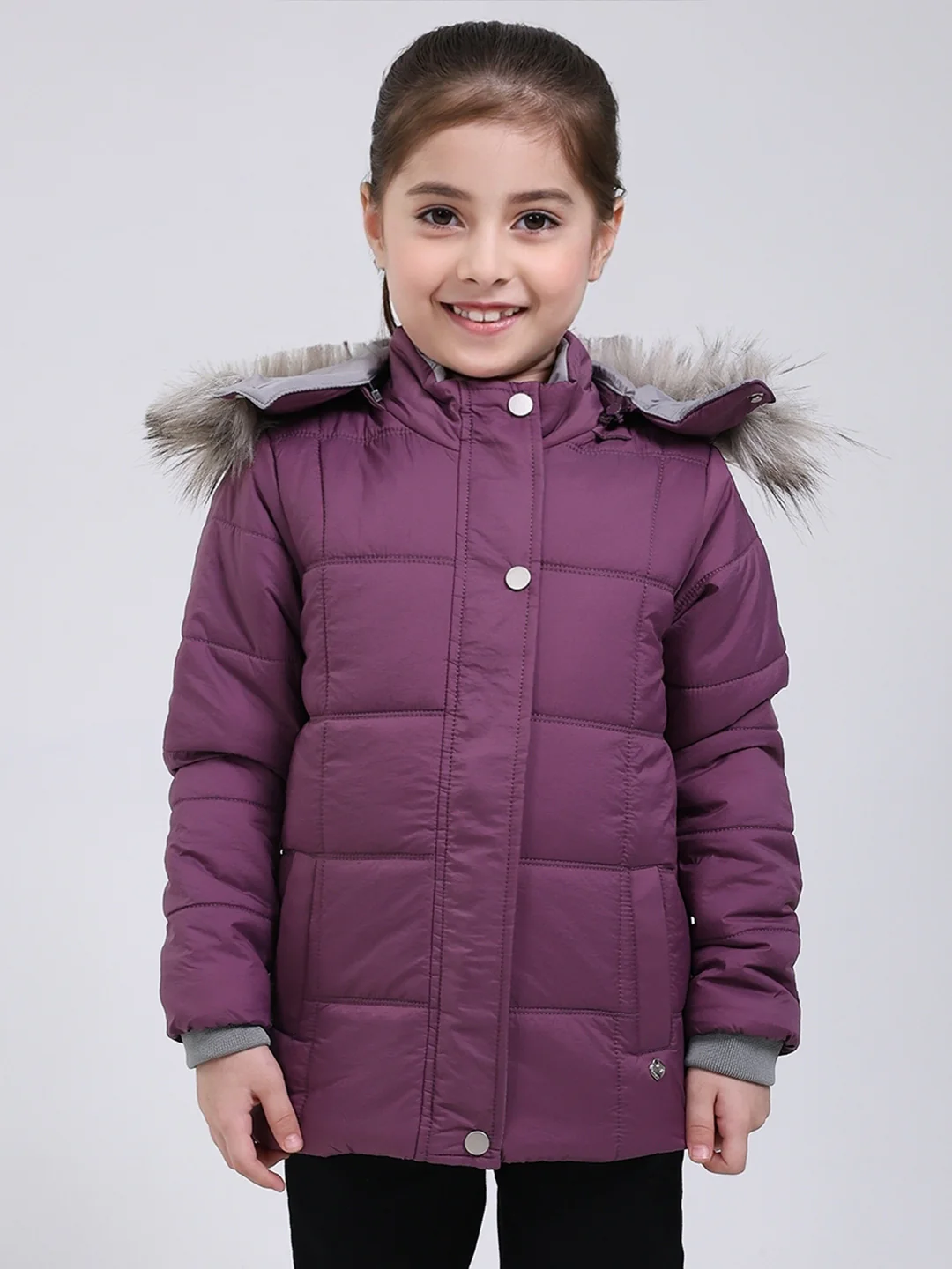 Girls Purple Solid Hooded Full Sleeve Jacket