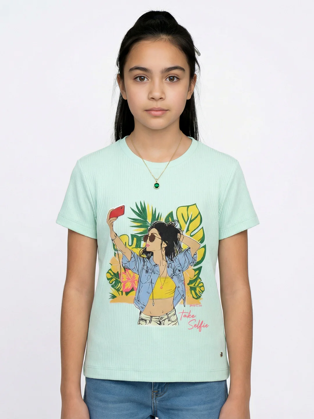 Girls Sea Green Printed Round Neck Half Sleeve Top