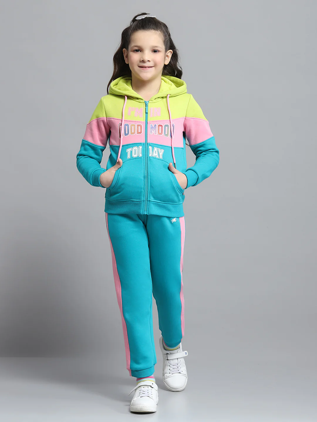 Girls Teal Blue Printed Hooded Full Sleeve Tracksuit