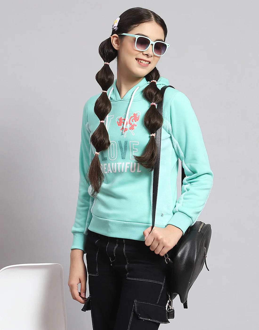 Girls Turquoise Blue Printed Hooded Full Sleeve Sweatshirt
