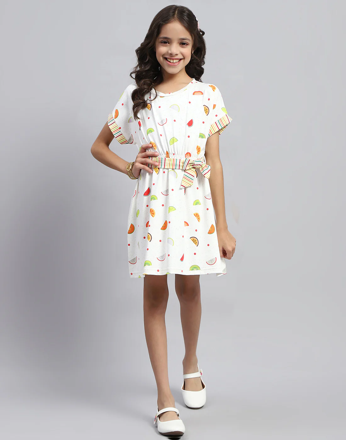 Girls White Printed Round Neck Half Sleeve Dress - Image 2