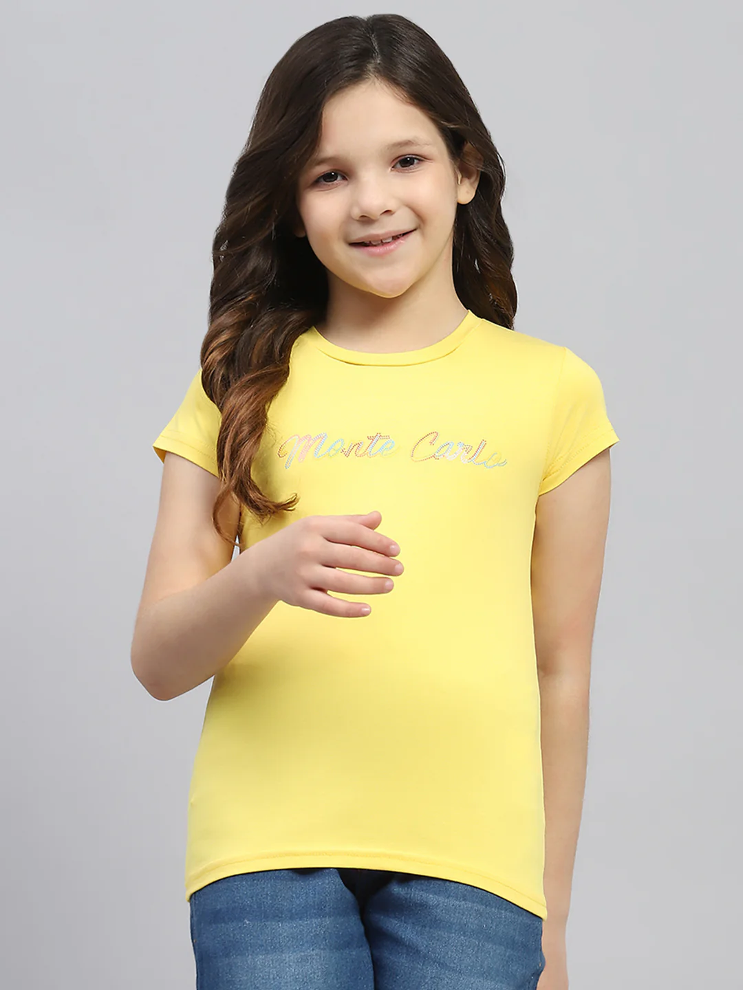 Girls Yellow Printed Round Neck Half Sleeve Top