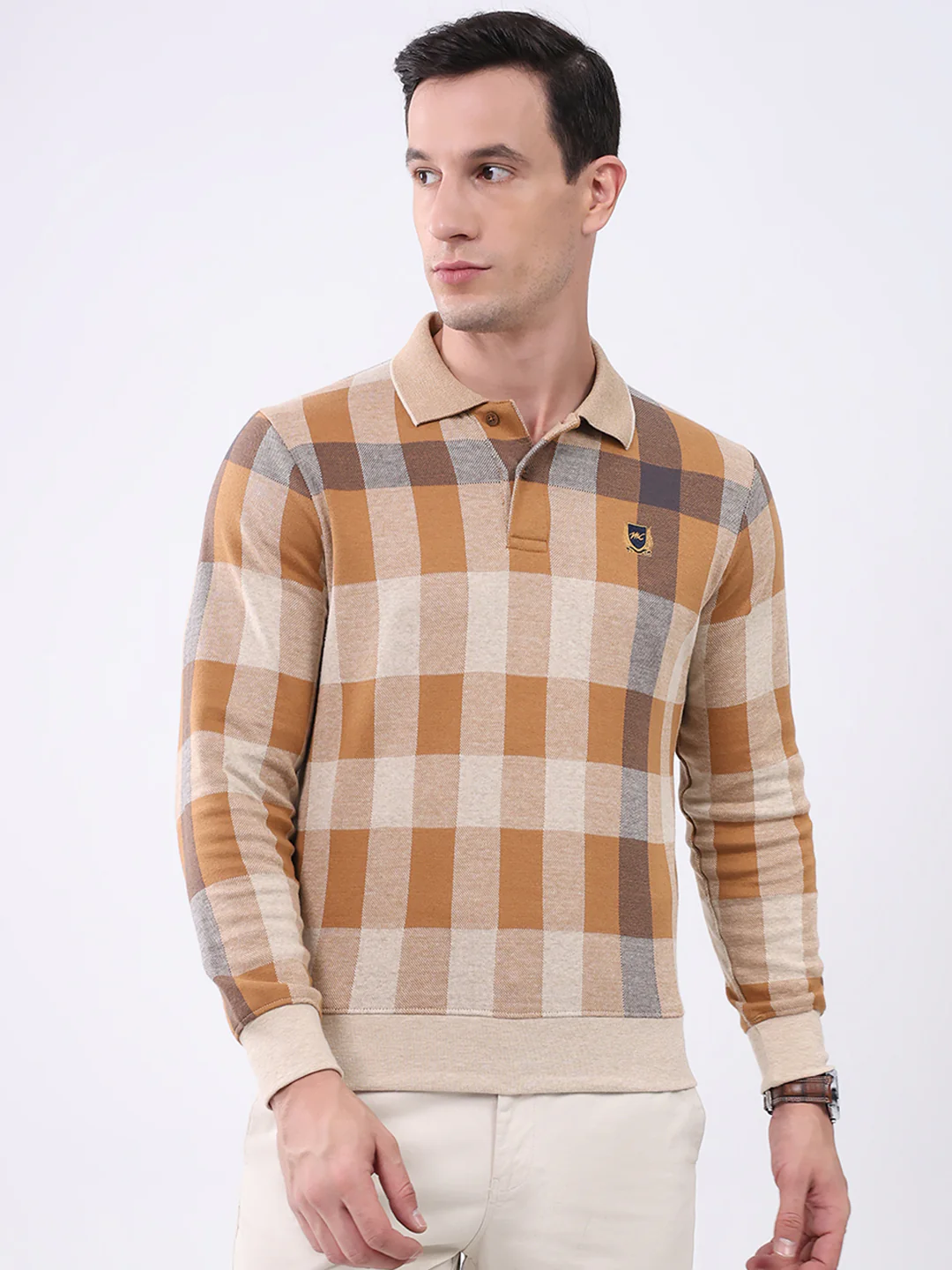 Men Beige Check Collar Full Sleeve Winter T-Shirt