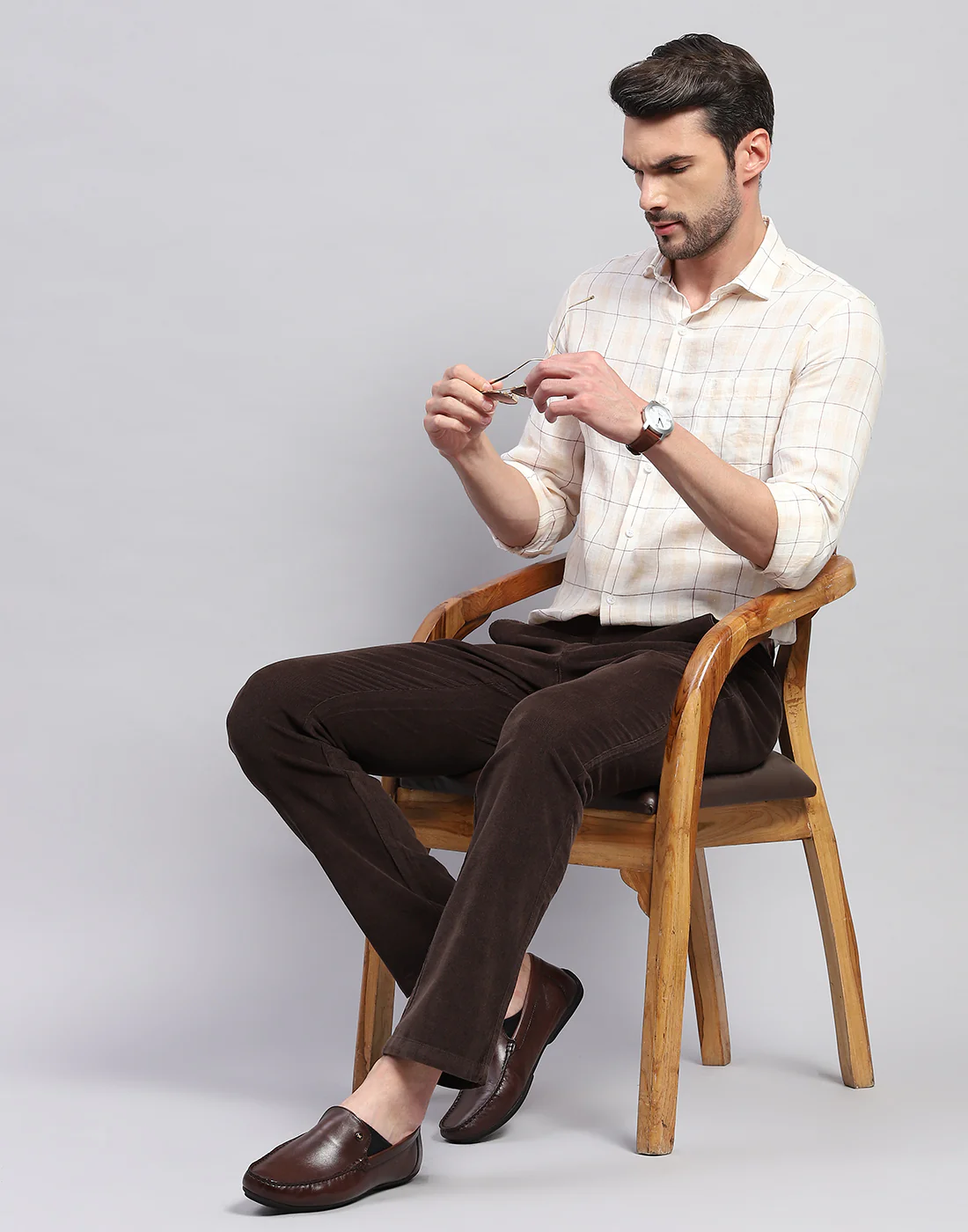 Men Beige Check Collar Neck Full Sleeve Linen Shirt - Image 2