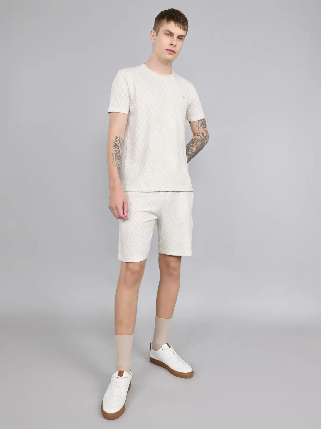Men Beige Geometric Regular Fit Bermuda Set