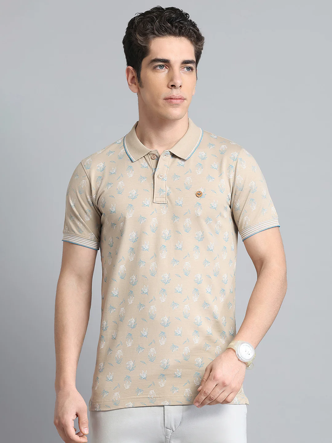 Men Beige Printed Collar Half Sleeve T-Shirt
