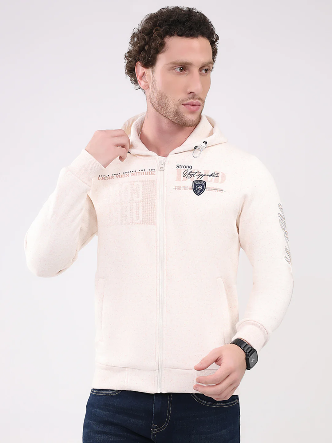 Men Beige Printed Hooded Full Sleeve Sweatshirt