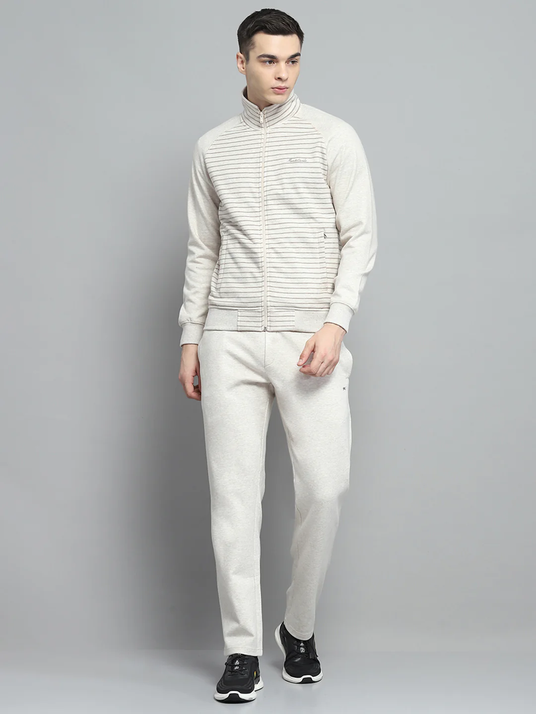 Men Beige Printed Mock Neck Full Sleeve Winter Tracksuit
