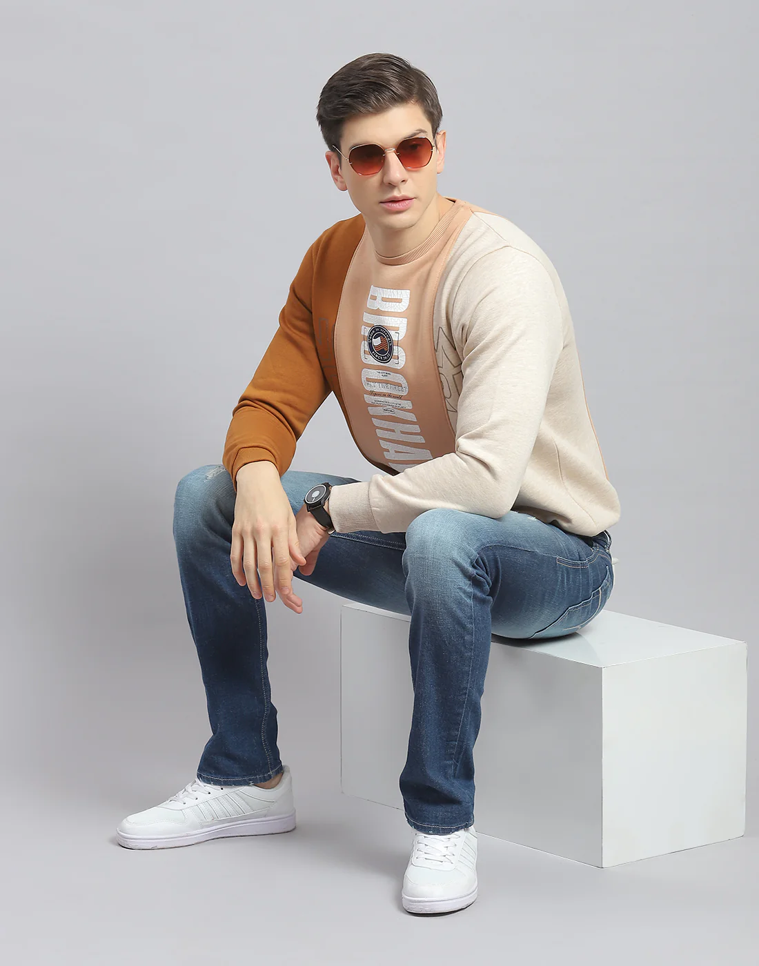Men Beige Printed Round Neck Full Sleeve Sweatshirt