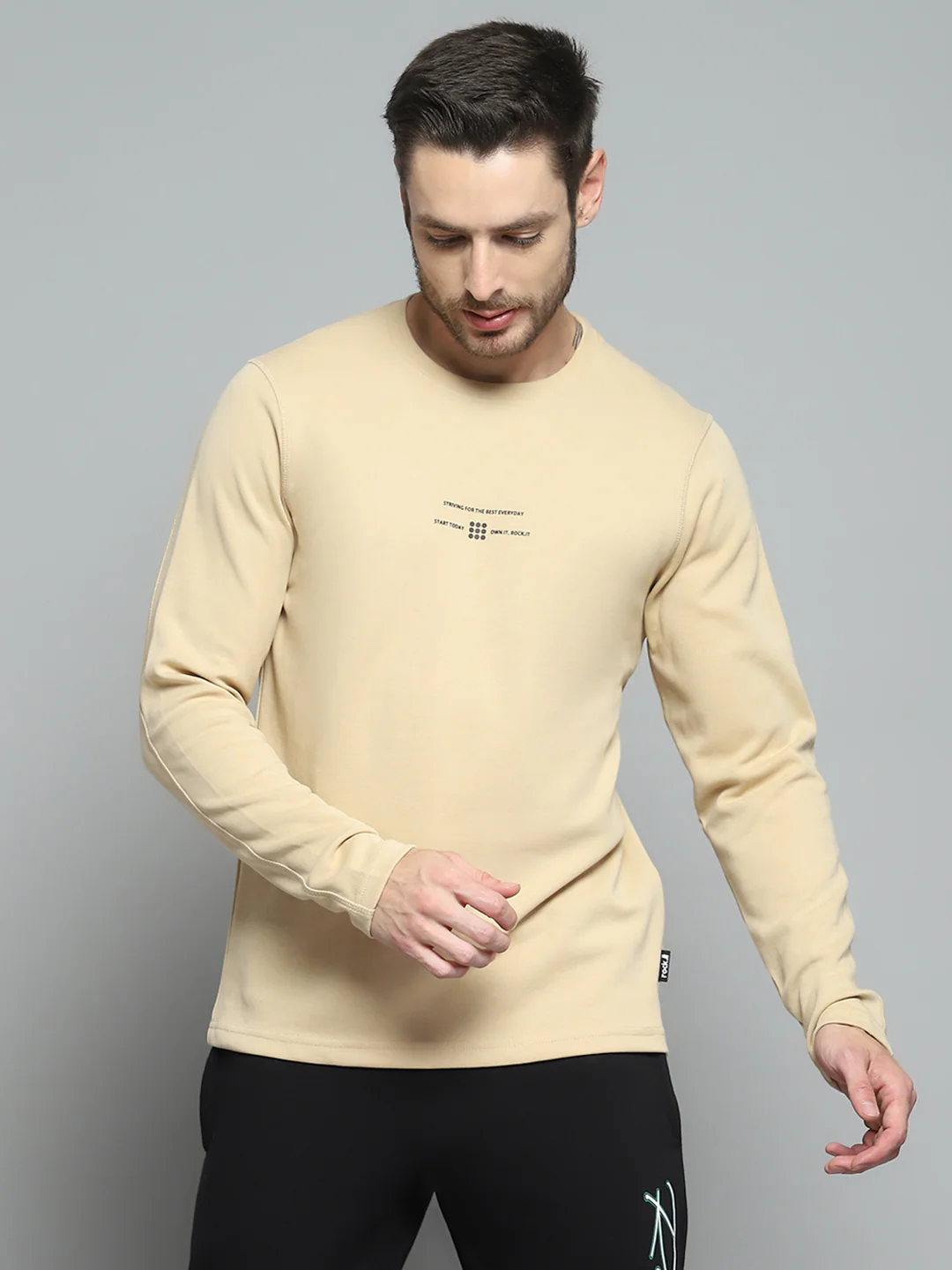 Rock.it Men Beige Printed Round Neck Full Sleeve Winter T-Shirt