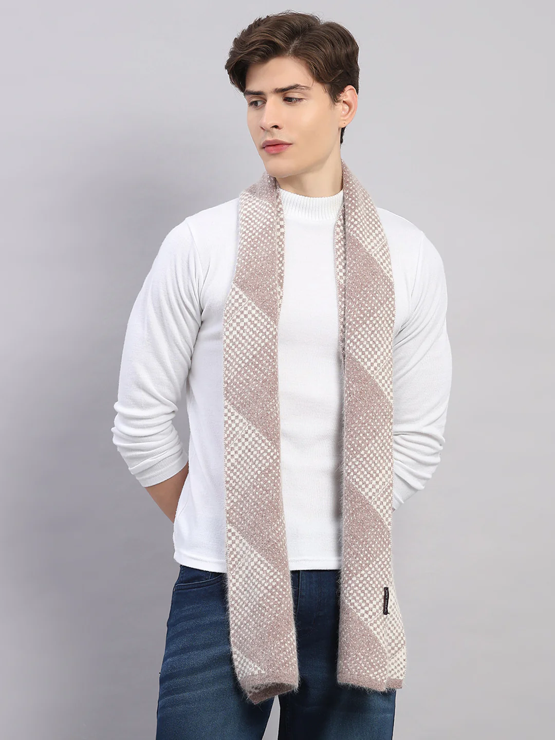 Men Beige Self Design Angoora Muffler