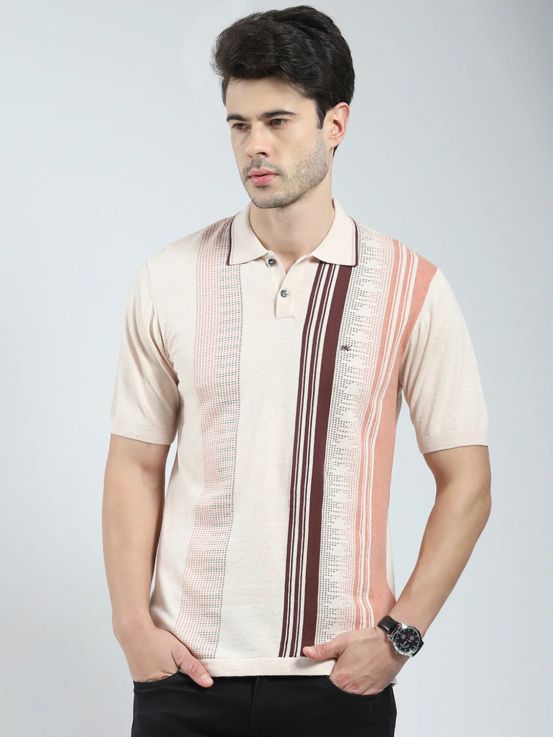 Men Beige Self Design Collar Half Sleeve T-Shirt