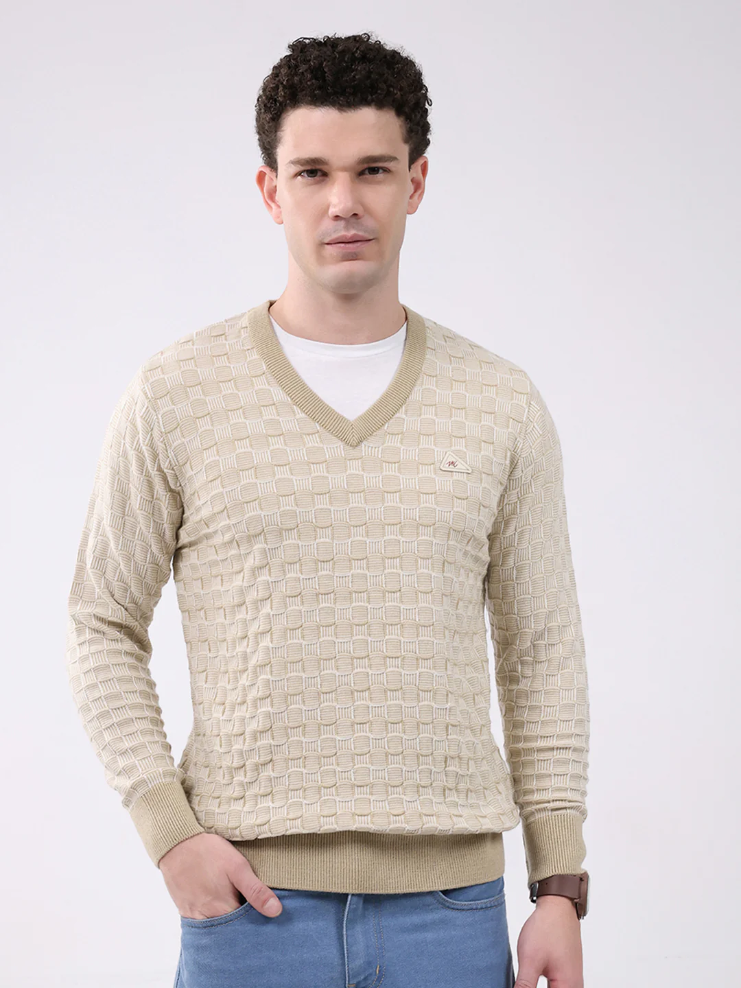 Men Beige Self Design V Neck Full Sleeve Pullover