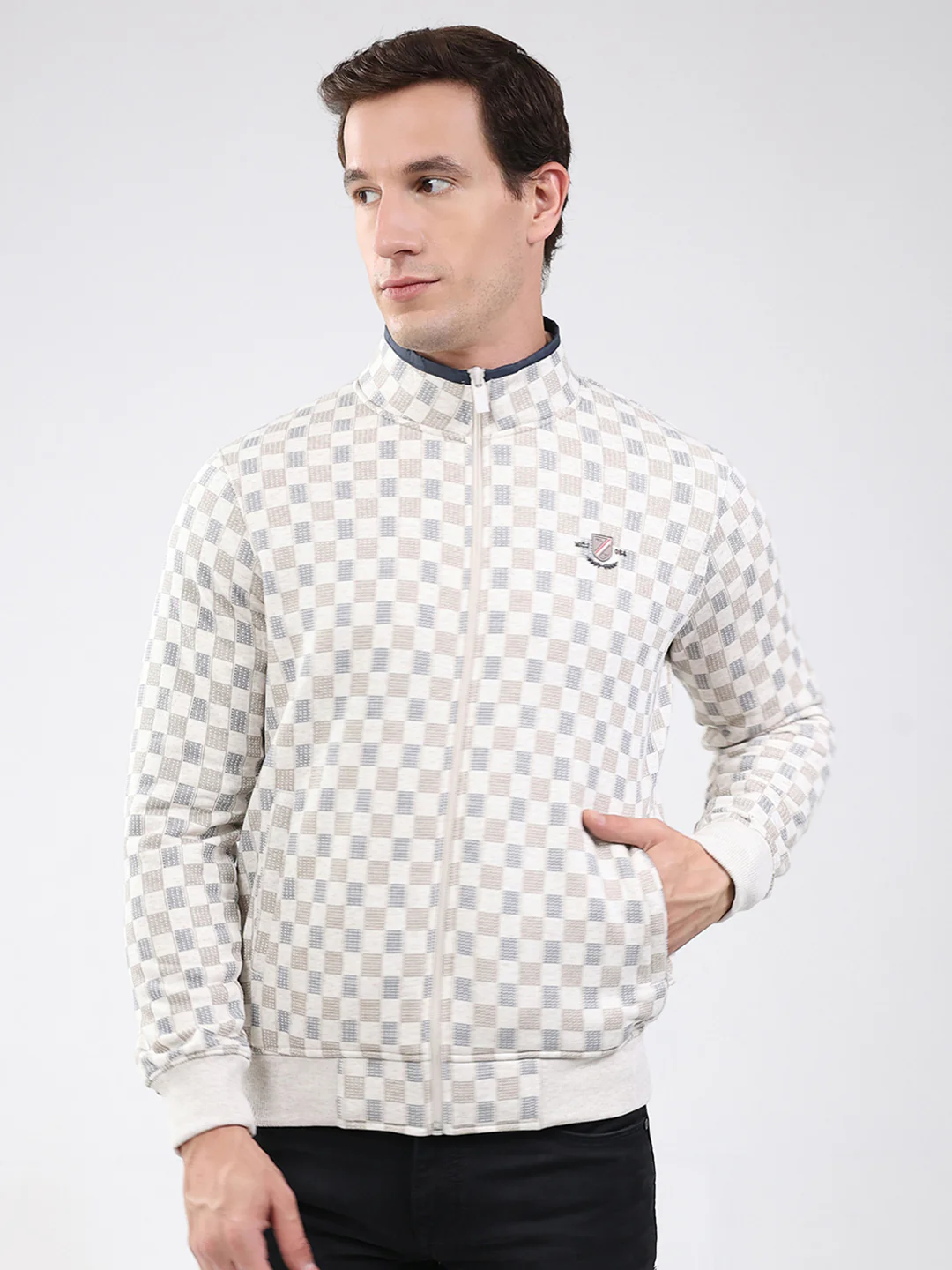 Men Beige Solid Band Neck Full Sleeve Sweatshirt
