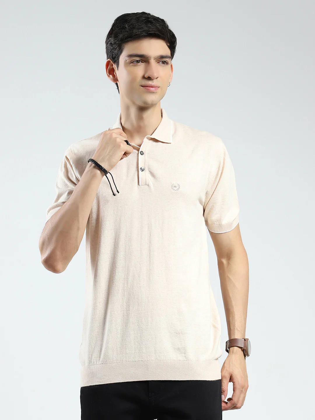 Men Beige Solid Collar Half Sleeve T-Shirt