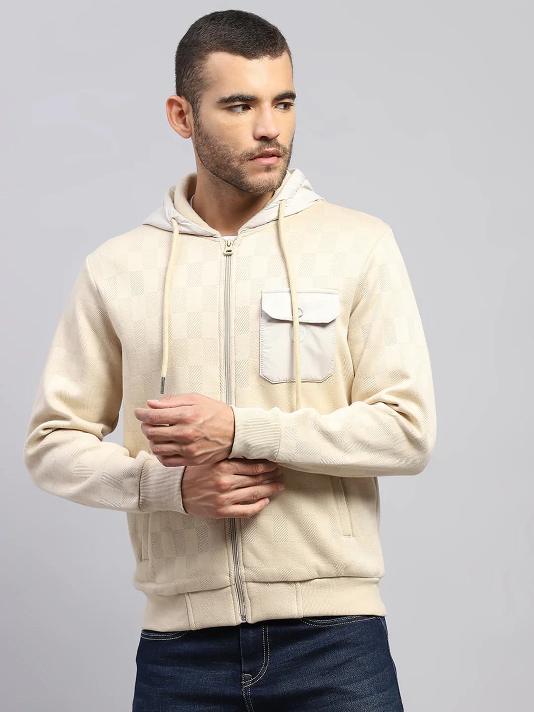 Men Beige Solid Hooded Full Sleeve Sweatshirt