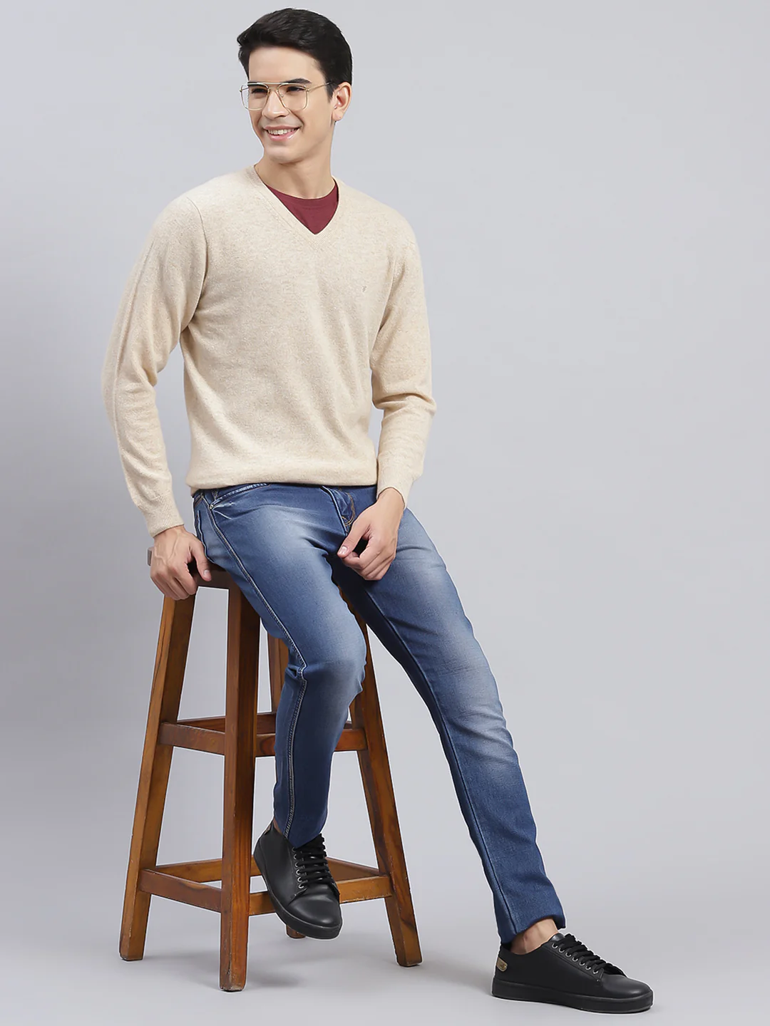 Men Beige Solid Lamb wool Pullover
