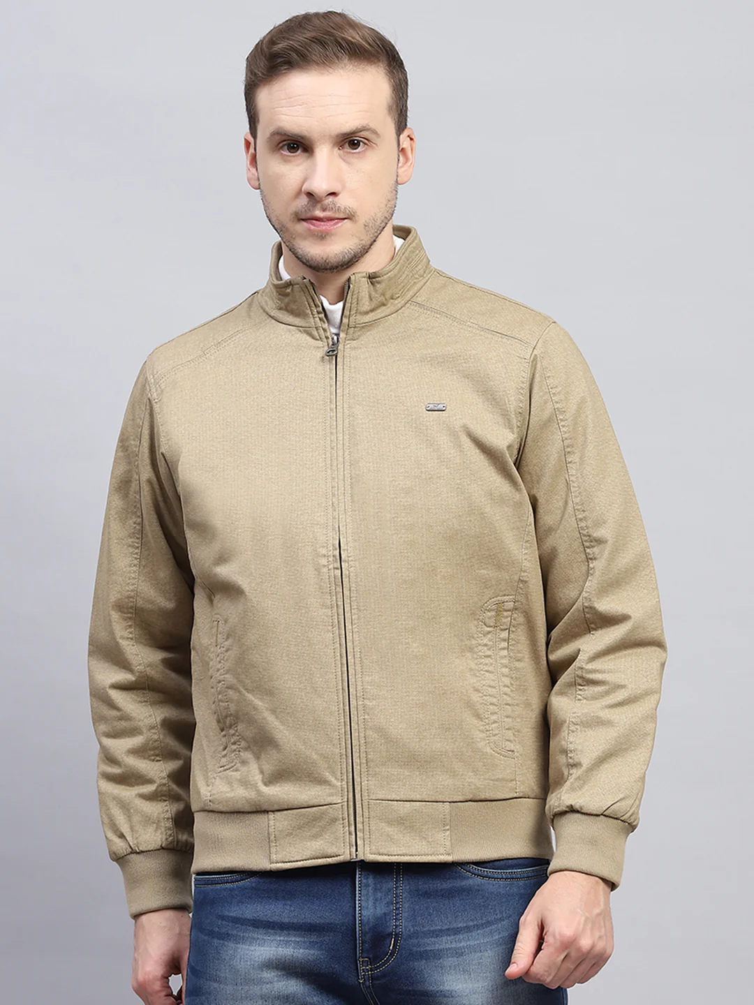 Men Beige Solid Mock Neck Full Sleeve Jacket